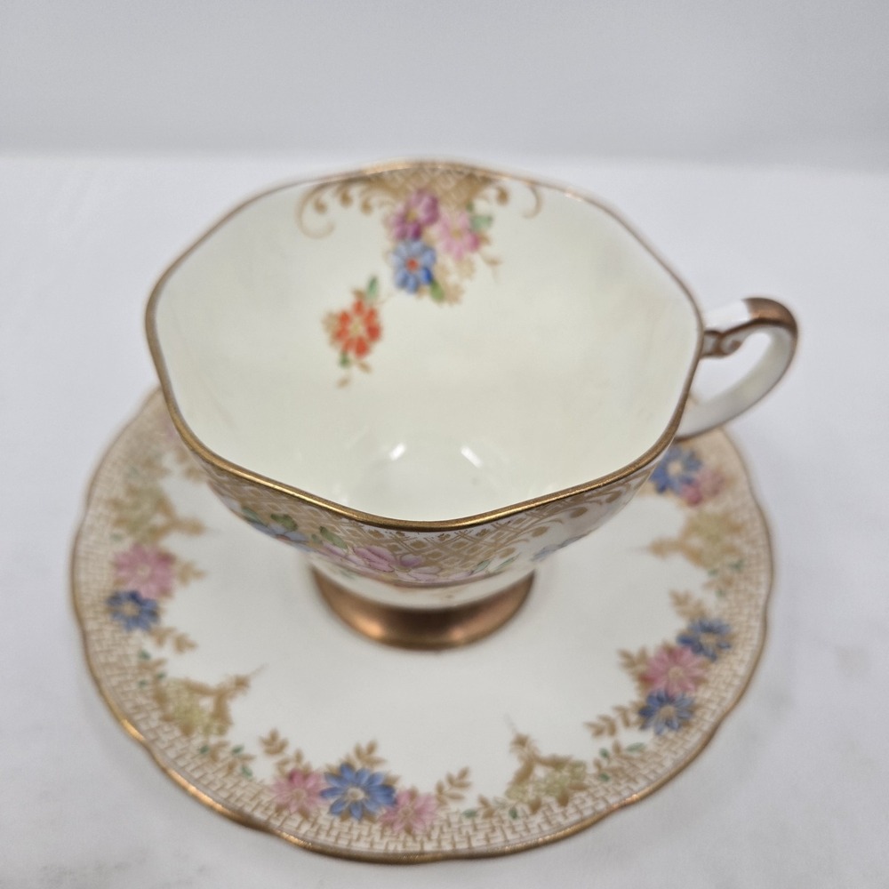 Foley English Bone China Tea Cup & Saucer Set Multicolor Floral Gold Lattice VTG